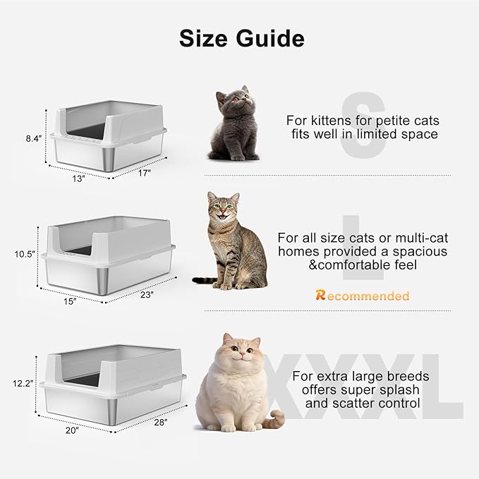 FURTIME Stainless Steel Cat Litter Box, Small Cats Metal Litter Box | High-Sided Open-Top Easy-Clean Litter Pan, Non-Stick, Anti-Leakage, Odor-Free, Comes with Scoop & Mat, 17"×13"×8.4"