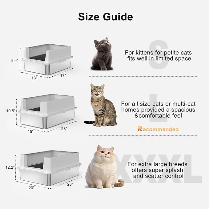 FURTIME Stainless Steel Cat Litter Box, Large Cats Metal Litter Box | High-Sided Open-Top Easy-Clean Litter Pan, Non-Stick, Anti-Leakage, Odor-Free, Comes with Scoop & Mat, 23"×15"×10.5"