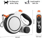 16ft Retractable Dog Leash for Medium Dogs up to 66 lbs, with Waste Bag Dispenser, 5m Heavy Duty Nylon Tape, 360° Tangle-Free, One-Handed Brake & Lock, Anti-Slip ABS Handle (16FT-White)
