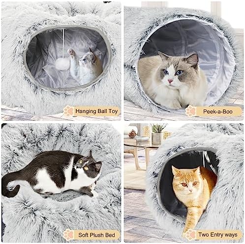 Plush Cat Tunnel Bed for Indoor Cats, Collapsible Cat Donut Tunnel with Central Mat, Fluffy Cats Cave Tube with Hanging Ball for Kitten Rabbit Puppy Ferret - Image 5