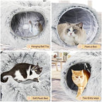 Plush Cat Tunnel Bed for Indoor Cats, Collapsible Cat Donut Tunnel with Central Mat, Fluffy Cats Cave Tube with Hanging Ball for Kitten Rabbit Puppy Ferret - Image 5