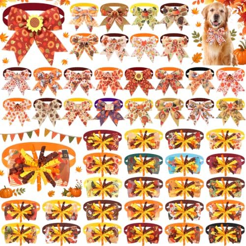 Huhumy 50 Pcs Fall Dog Bow Tie Bulk Thanksgiving Pet Collar for Dog Cat by Huhumy