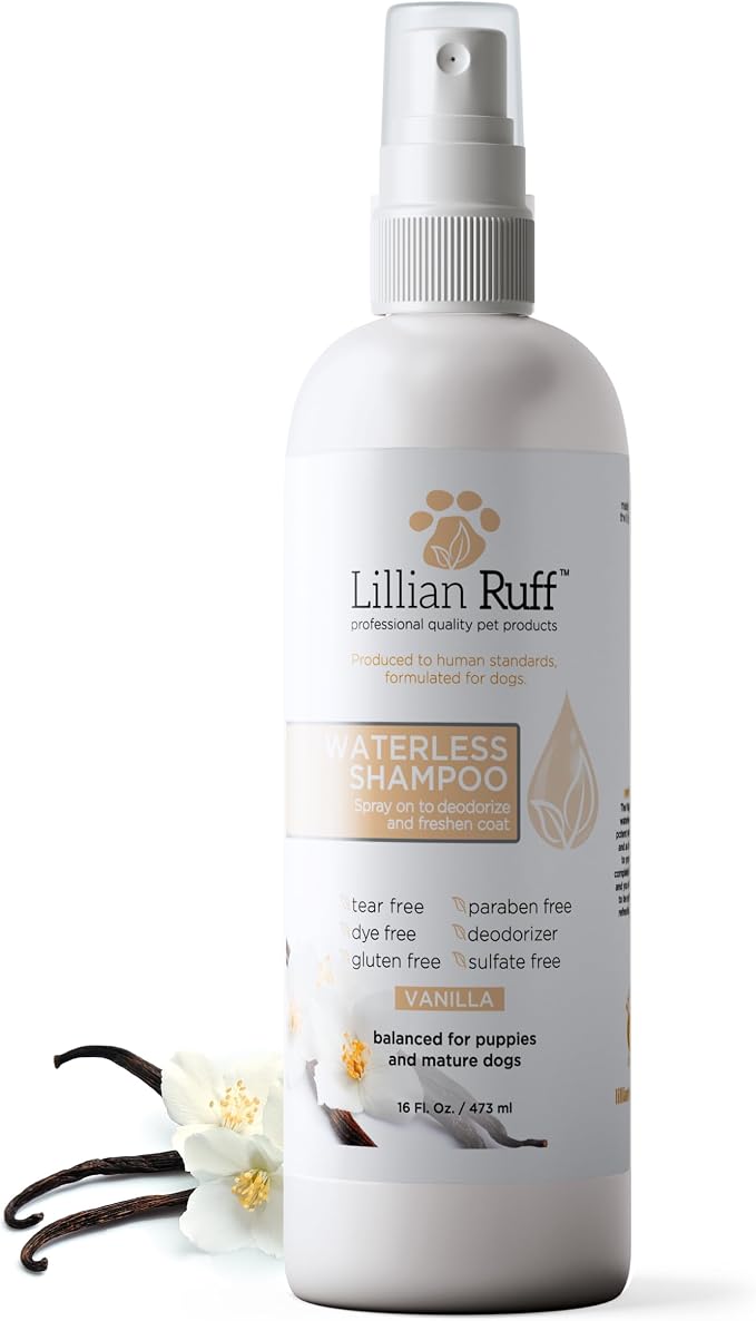 Lillian Ruff Waterless No-Rinse Dog Dry Shampoo Spray with Hydrating Essential Oils - pH-Balanced Dry Shampoo for Dogs - Clean, Condition, Detangle & Deodorize Dry, Sensitive Skin (Vanilla)
