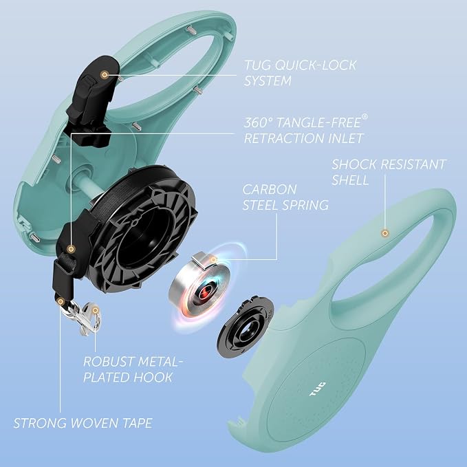 TUG Quest Retractable Dog Leash | 360° Tangle-Free | 16 ft Tape (S, Green)