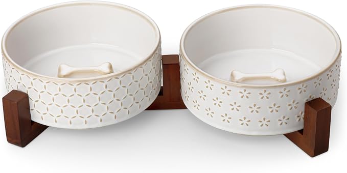 MALACASA Dog Bowl Set, Ceramic Bowls with Walnut Wood Stand, 3.5 Cups | Five-leaf grass and honeycomb design, non-slip base, for cats and dogs, about 26% heavier than similar ceramic bowls