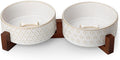 MALACASA Dog Bowl Set, Ceramic Bowls with Walnut Wood Stand, 3.5 Cups | Five-leaf grass and honeycomb design, non-slip base, for cats and dogs, about 26% heavier than similar ceramic bowls