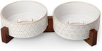 MALACASA Dog Bowl Set, Ceramic Bowls with Walnut Wood Stand, 3.5 Cups | Five-leaf grass and honeycomb design, non-slip base, for cats and dogs, about 26% heavier than similar ceramic bowls