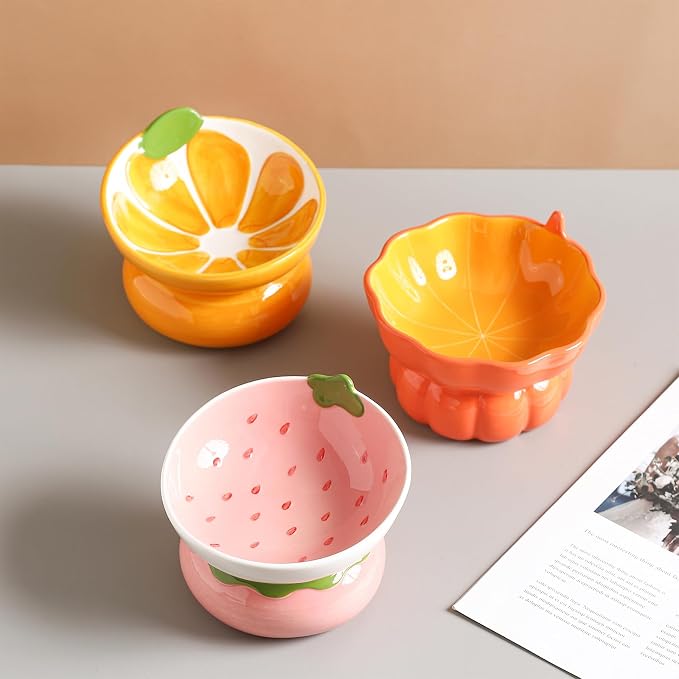 Cute Ceramic Raised Cat Food Bowl, Orange Shaped Cat Dish | Elevated Design, Fruit Themed, Anti Vomiting, Tilted Feeding, Indoor Cats