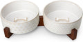 MALACASA Dog Bowl Set, Ceramic Bowls with Walnut Wood Stand, 6 Cups | Five-leaf grass and honeycomb design, non-slip base, for dogs, about 26% heavier than similar ceramic bowls