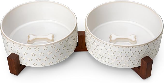 MALACASA Dog Bowl Set, Ceramic Bowls with Walnut Wood Stand, 6 Cups | Five-leaf grass and honeycomb design, non-slip base, for dogs, about 26% heavier than similar ceramic bowls