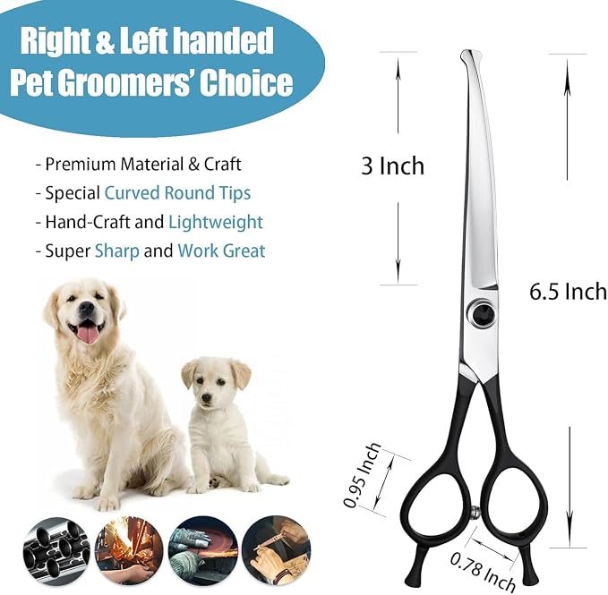 Round Dog Grooming Scissors - Downward Curved Dog Shears for Trimming Face and Paws, Safety Round Tip Shears for Pet Cats, Professional Pet Grooming Scissors Black 6.5"