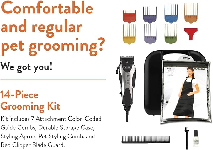 Wahl Pro Animal Deluxe U-Clip Trimmer, Black & Chrome | Adjustable 8, 1.5, and 1.8 mm Cutting Lengths, Includes 7 Attachment Combs, Ideal for Light and Medium Coats