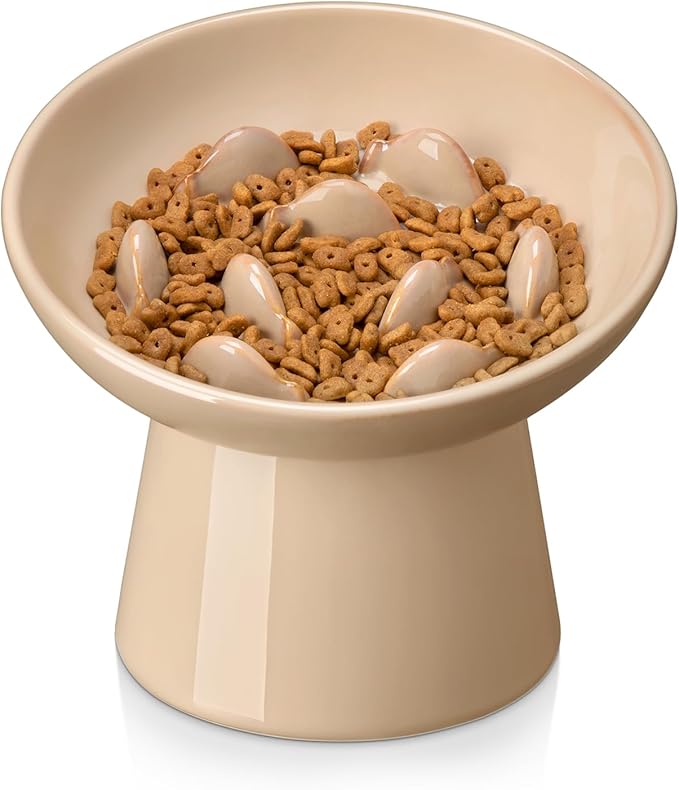 vancasso Ceramic Slow Feeder Cat Bowl, 6.25 Inch Elevated Cat Slow Feeder Bowl, Anti Vomiting for Dry and Wet Food, Brown