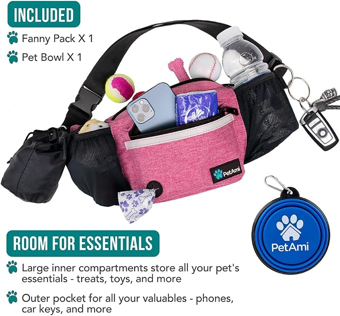 PetAmi Dog Fanny Pack, Treat Pouch for Dog Walking, Training, Built in Poop Bag Dispenser, Water Bottle Holder, Collapsible Bowl, Pet Treat Waist Belt for Hiking, Running, Kibbles (Pink)