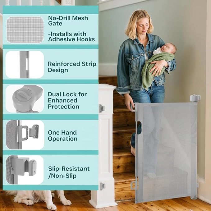 Retractable Baby Gate,Mesh Baby Gate or Mesh Dog Gate,34" Tall,Extends up to 70" Wide,Child Safety Gate for Doorways, Stairs, Hallways, Indoor or Outdoor (Gray, 70''Wide 34''Tall)