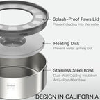 1Gallon No Spill Water Bowl for Dogs, Double-Wall Stainless Steel with Splash-Proof Paws Lid and Floating Disk, Non-Slip Base, Easy to Clean Slow Water Feeder for Large Medium Dogs