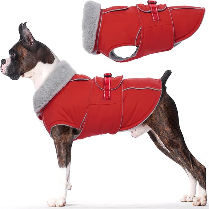 Lelepet Dog Coat Waterproof Dog Jacket Fleece Vest with Adjustable Buckle | Reflective Winter Coats with Adjustable Hook & Loop Closure Cold Weather Coats for Small Medium Large Dogs,Leash Hole Red, M