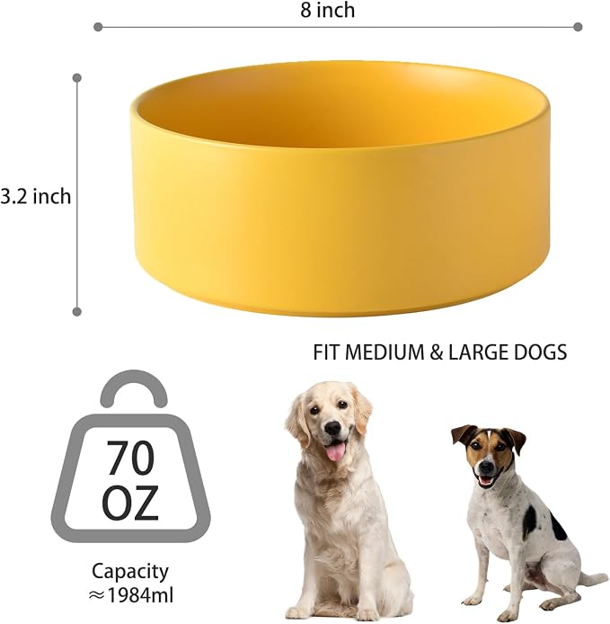 8'' Ceramic Dog Bowl - 70Oz Classic Dogs Food & Water Bowl for Medium and Large Breeds, Heavy-Duty Non-Slip Dog Dish, Food Grade Stoneware Pet Bowl, Dishwasher & Microwave Safe, Yellow