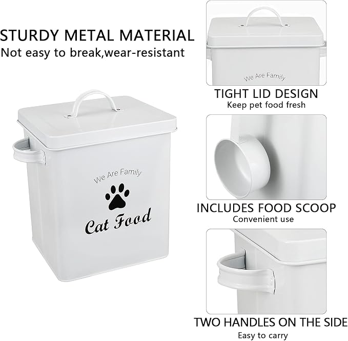 Pet Treat and Food Storage Tin with Lid - 5lbs Capacity - Serving Scoop Included … -CAT