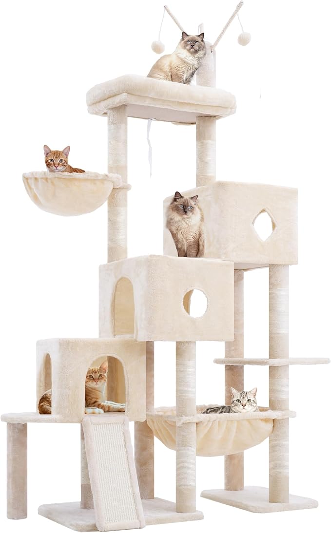 Hey-brother Cat Tree Tower with 3 Condos, Step Climbing Pathway MPJ081M | 74.8 Inches Scratching Post with 3 House, Hammock, Large Basket, Cozy Bed, Sisal Board, Toys for Big Indoor Cats, Beige