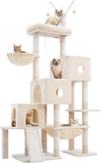 Hey-brother Cat Tree Tower with 3 Condos, Step Climbing Pathway MPJ081M | 74.8 Inches Scratching Post with 3 House, Hammock, Large Basket, Cozy Bed, Sisal Board, Toys for Big Indoor Cats, Beige