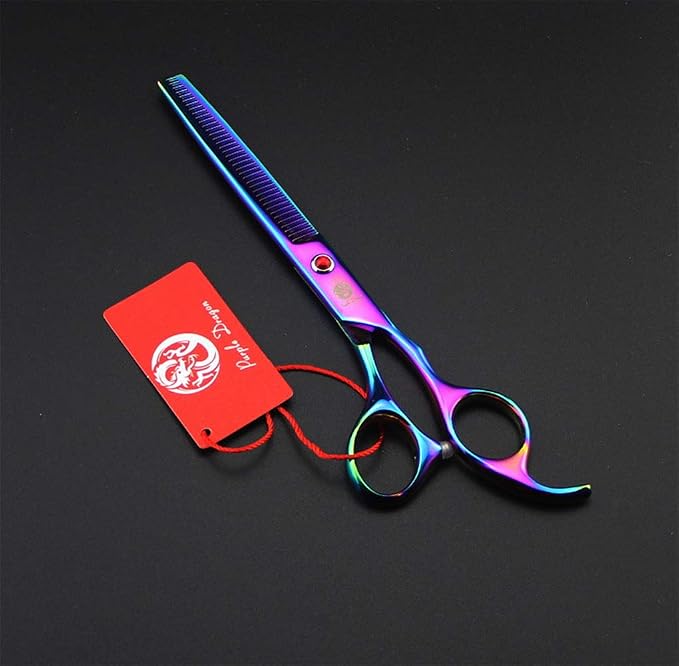 Purple Dragon 7" Dog Grooming Scissors Set with Silencer for Sensitive Pet | 4PCS Pet Grooming Shears Kit with Straight, Curved, Thinning Blade, Comfortable Grip, Japanese 440C Steel, Gift for Groomers