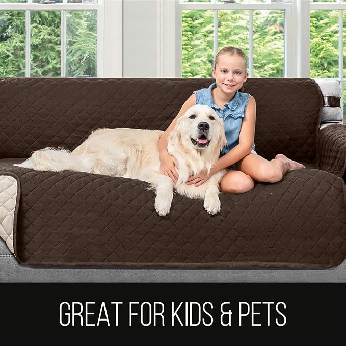 Sofa Shield® Couch Recliner Covers for Dogs, Reversible Furniture Protector with Strap, Stain and Tear Resistant Cushion Cover, 28 inch Seat, Machine Washable Slipcover Pets, Cats, Latte Linen