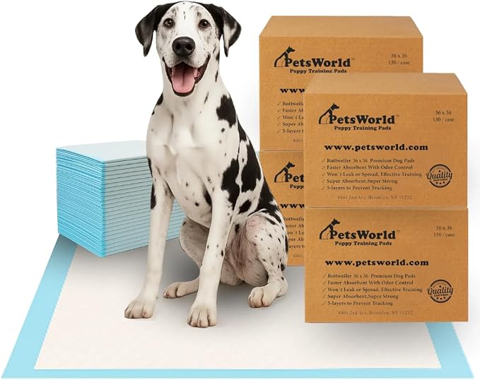 PETSWORLD Giant Dog Potty Pads, Odor-Eliminating, 36" x 36", Ultra Absorbent 5-Layer Leak-Proof Training Pads for Dogs & Cats (36x36, 600 Count)