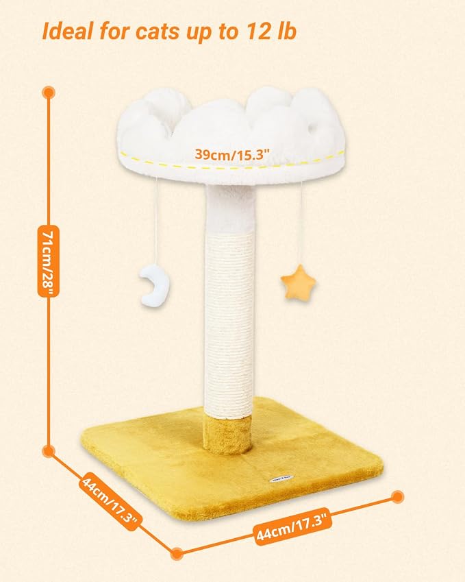Happi N Pets Tall Cat Scratching Post with Large Bed, Thick Posts with Toys | 28" Tall For Large Cats, Easy To Clean, Cloud-Shaped Soft Perch, Removeable Cover, Stable Cat Stand, Bonus Catnip