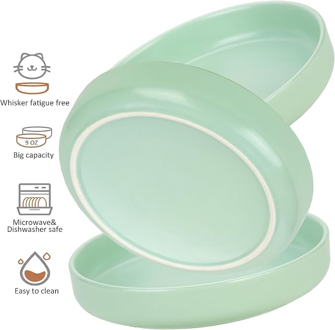 Ceramic Cat Bowls,Shallow Cat Dishes for Food and Water, 6 inch Matte Finish Wide Cat Food Bowl,Whisker Fatigue Free Pet Puppy Kitten Bowl Set of 3,Dishwasher Safe