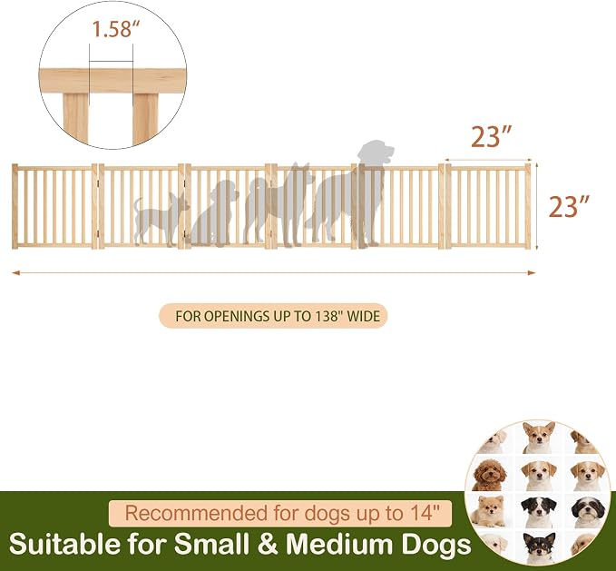 Wooden Freestanding Dog Gate Indoor - 23" H 6 Panels | Foldable Nature Wood Pet Gates for Doorways, No-Painted Doggie Fence for Stairs, Hallways