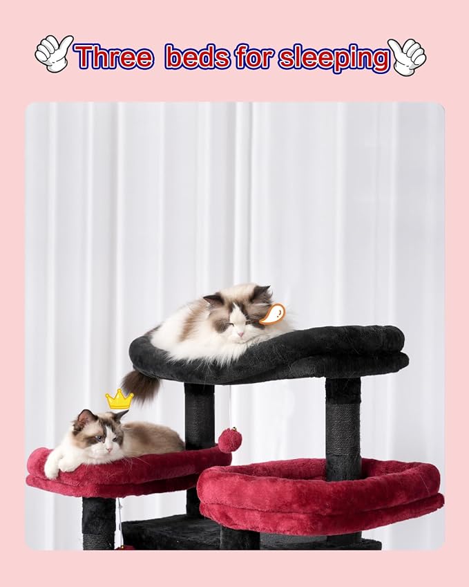 Gitelsnour Cat Tree, 74" Tower for Large Cats, Big Condo Hammock CCT030BR | Heavy duty, 3 Big Platforms, 2 Baskets, 2 Condos, Multi-Level Cat Scratching Posts, Indoor Cats Large Adult, Black and red