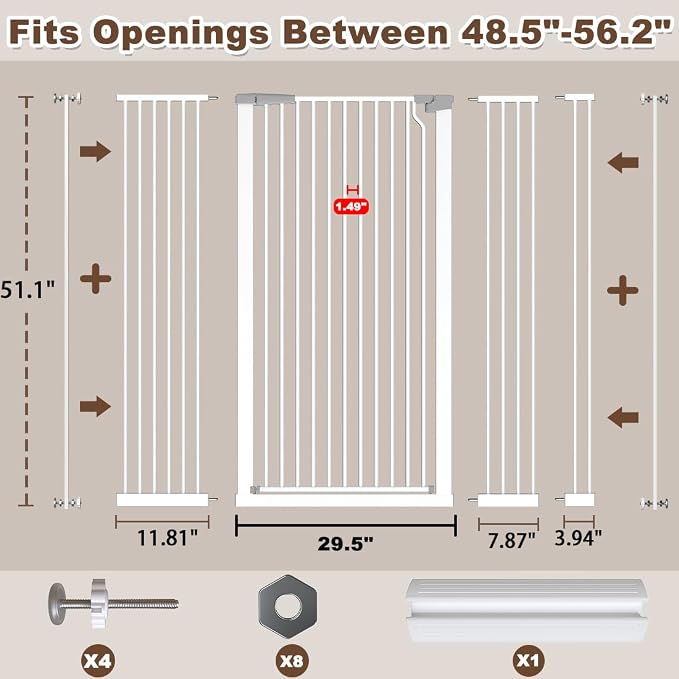 Fairy Baby 51.1" Extra Tall Pet Gate 48.5"-56.2" Extra Wide Tall Dog Gates | Long Baby Gate for Doorways, 1.37" Gap No Drill Pressure Mounted Dog Gate, Metal Auto Close Safety Child Gate Indoor, White