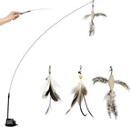 TTcat Cat Wand Toys with Suction Cup, Interactive Bird Simulation Cat Toy Set,Cat Teaser Cat Toys,Flexible Steel Wire and 3Pcs Replacement Feather Refills with Bells.