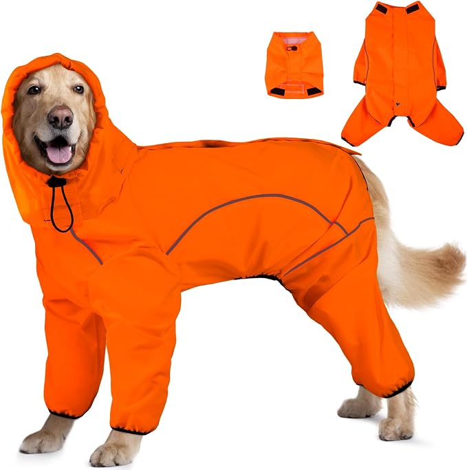 ADINIKIA Dog Raincoat,Waterproof Rain Jacket with Removable Hood,Orange L | Leash Hole/ Reflective Stripe/Adjustable 4 Legs Rainsuit/Full Coverage/ Snowproof Windproof/ For Small to 3X-Large Dogs