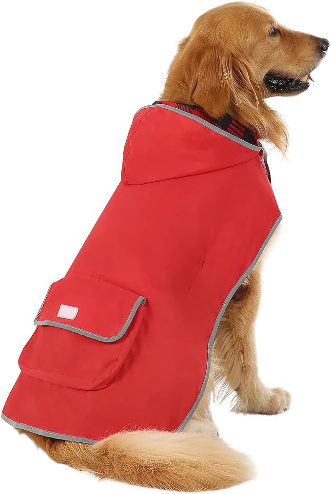 HDE Reversible Dog Raincoat Hooded Slicker Poncho Rain Coat Jacket for Small Medium Large Dogs Buffalo Plaid Red - L