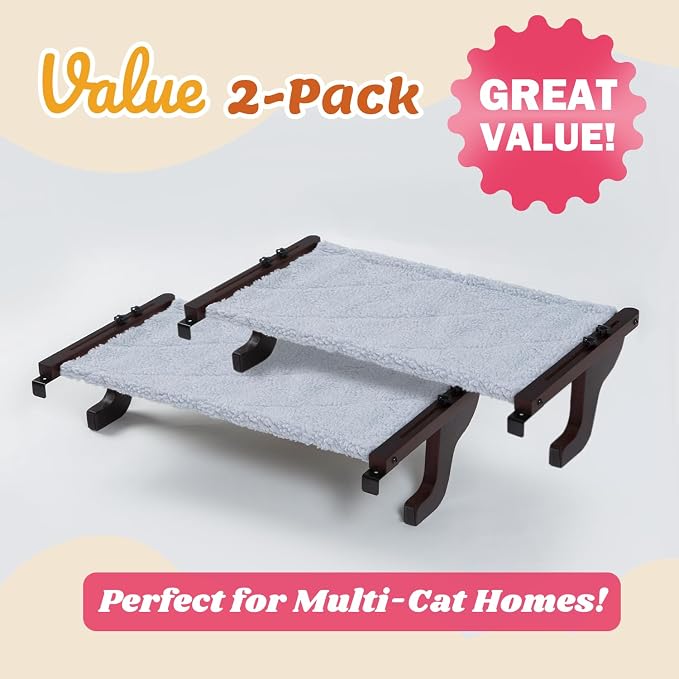 Zakkart 2PC Easy Seat Cat Perch for Window Sill - Hammock Design w/Pine Wood & Robust Metal Frame - Cat Window Seat for Large Cats and Kittens (Dark Stained Wood w/Gray Bed, Large (26''W x 14''D)