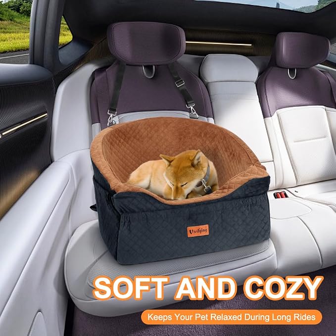Vivifying Dog Car Seat for Small & Medium Dogs, Detachable & Washable Booster Seat for Pets Up to 25lbs, Travel Bed with Storage Pockets and Safety Belt – Brown&Black