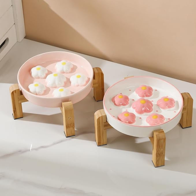 Elevated Ceramic Slow Feeder Cat Bowl with Anti-Slip Bamboo Stand | 6.3" Wide Whisker Friendly, Slow Eating 3x, Dry & Wet Food, Cute Flower-Shaped Maze, Microwave & Dishwasher Safe, White
