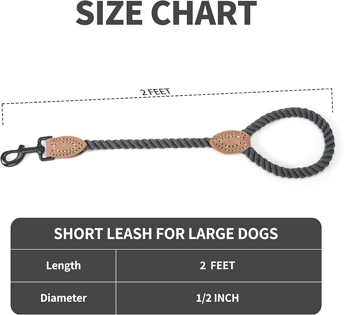 Mile High Life Dog Leash Braided Cotton Rope with Leather-Reinforced Ends | Rust-proof 360° swivel clasp, Heavy-duty for medium/large dogs. Great for weddings, daily walks (18IN, 1/2", Dark Gray)