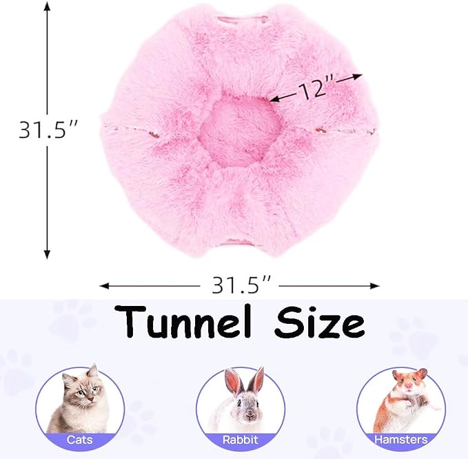 Cat Bed Tunnel Tube Toy Pink Plush | Collapsible Round Tunnels for Indoor Cats, Interactive Toys Play Tubes with Hanging Ball for Kitten, Puppy, Rabbit