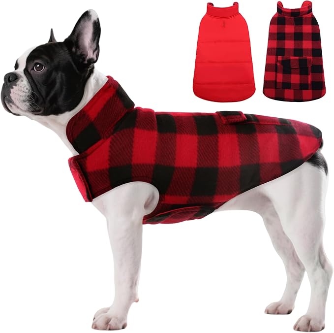 ASENKU Reversible Dog Winter Coat, Dog Jacket for Small Medium Large Dogs | Windproof Plaid Fleece Lining for Cold Weather, Water-resistant Outer Shell, Puppy Puffer Vest with Leash Hole , Red XS