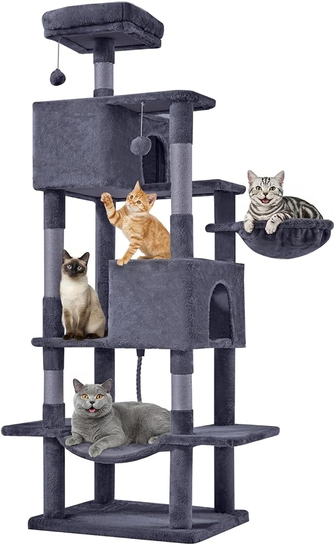 DUMOS Large 66 Inch Cat Tree Tower with Scratching Post, Dark Grey | Tall Multi Level Cat Climbing Tower with Hammock, Pet Condo for Indoor Cats and Kittens Play