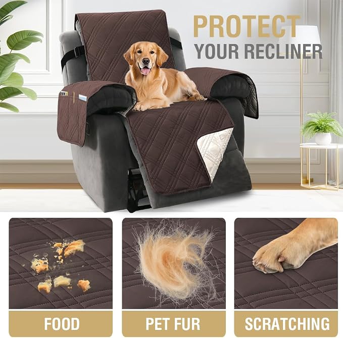 H.VERSAILTEX 100% Waterproof Oversized Recliner Cover 1-Piece Reversible Recliner Covers for Large Recliner with Elastic Straps Sitting Width Up to 28" (Oversized Recliner, Brown/Beige)