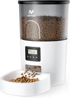 IMIPAW Automatic Cat Feeders, Timed Cat Dry Food Dispenser with Desiccant Bag, Dual Power Supply, Programmable Portion Size, 6 Meals, 20 Portions Per Day, Auto Pet Feeder for Cats and Small Dog, White