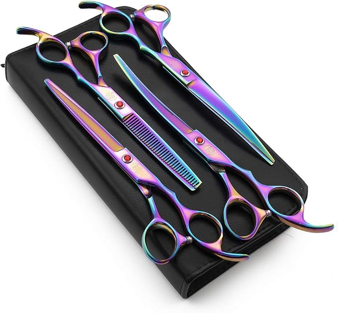 Moontay Professional 7" Dog Grooming Scissors Set 4PCS, Multicolour | Straight, Upward Curved, Downward Curved, Thinning/Blending Shears for Dog, Cat and Pets, JP Stainless Steel