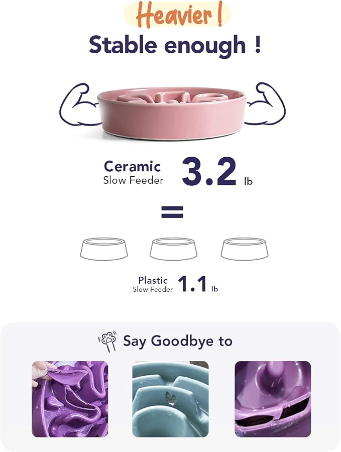 LE TAUCI Ceramic Slow Feed Dog Bowls, Elevated for Small and Medium Breed Dogs, Anti-Gulping Pet Feeding Dishes, Flower Pink, 1.5 Cups