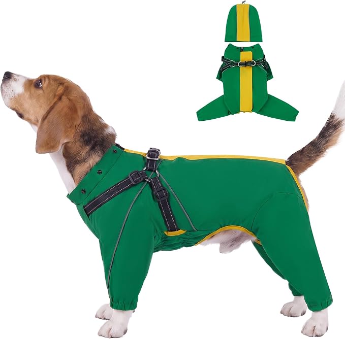 QBLEEV Dog Raincoat with Built-in Harness, Waterproof Rain Jacket, Green, L | Waterproof & windproof | built-in harness | easy on and off with dual closure | reflective safety strips | detachable hood