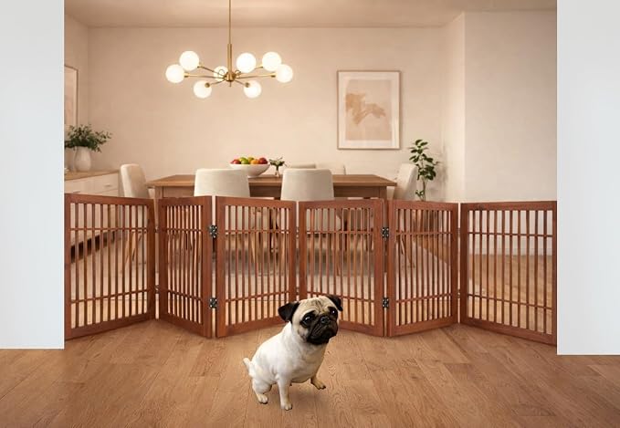 Urnporium Freestanding Wooden Dog Gate Foldable Indoor Pet Gate No Drill Expandable Barrier for Doorways Stairs Hallways Portable Wood Fence for Small Dogs & Puppies (Brown Pet Gate, 6 Panel 24" Tall)