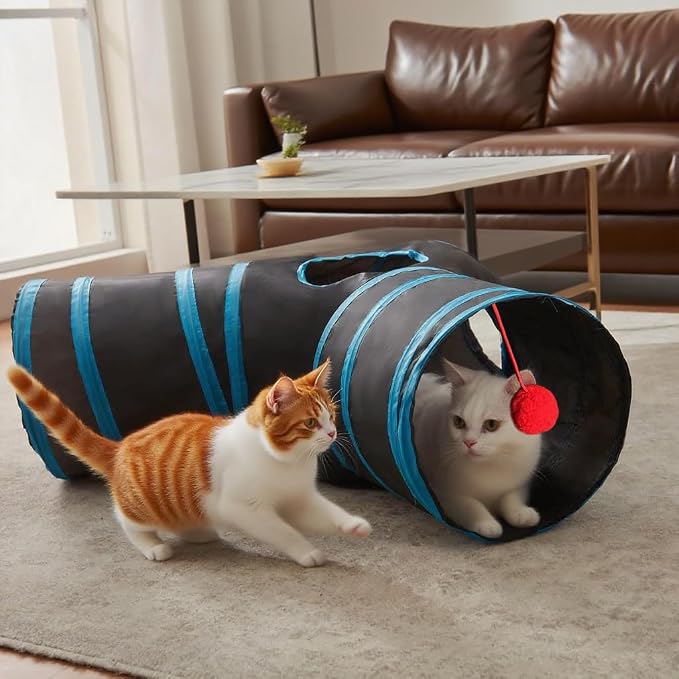 3-Way Collapsible Cat Tunnel Tube Toy Black Blue | Interactive Tunnel with Hanging Ball & Peek Hole for Indoor Cats, Kittens, Puppies, Rabbits | Hours of Fun & Exercise